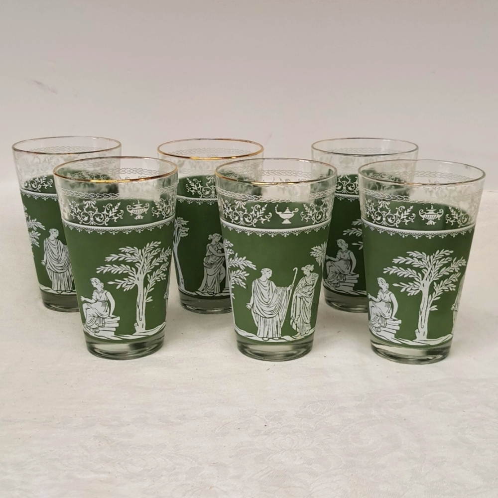 Vintage JEANETTE Jasperware Wedgewood Hellenic sage green set of 6 glasses